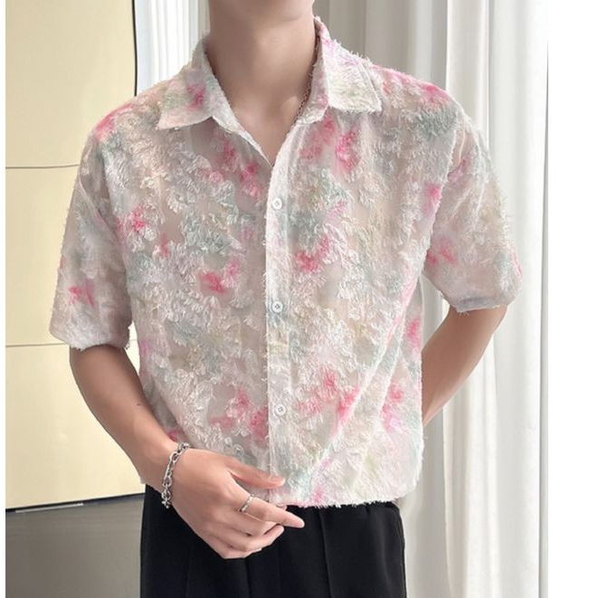 Eershenshie เสื้อเชิ้ตแขนสั้นผ้าไหมน้ำแข็งฤดูร้อนสำหรับผู้ชาย ดีไซน์ดอกไม้เล็กๆ กลวง
