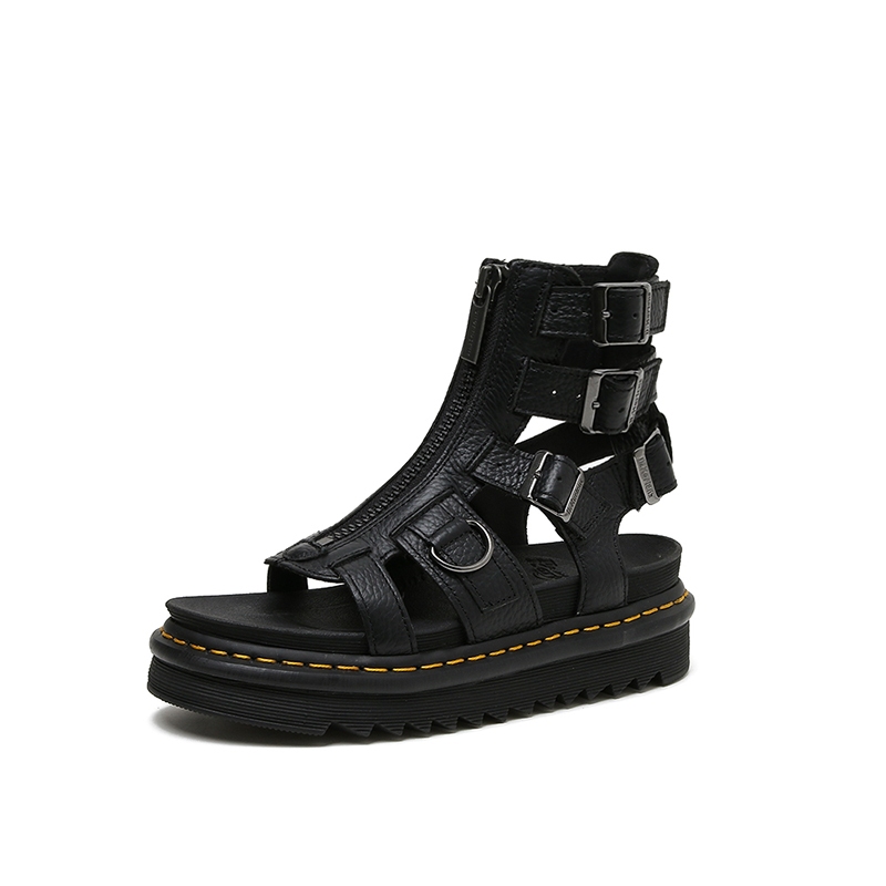 Dr.martens รองเท้าแตะผู้ชายรองเท้าแตะพื้นหนามีซิปหนังลิ้นจี่ด้านหน้าน้ําหนักเบาและสบาย