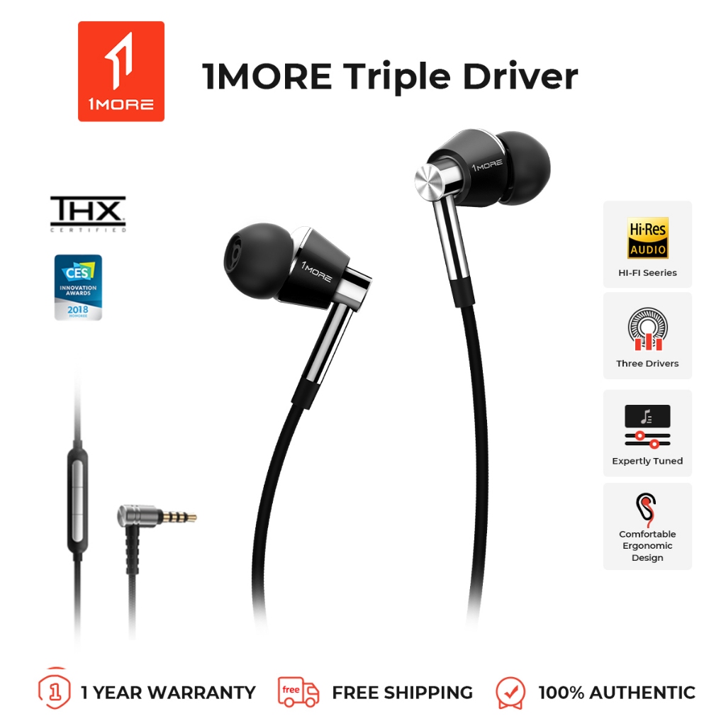 1MORE Triple Driver หูฟัง Hi-Res แบบ 3 ไดรเวอร์ ดีไซน์ Hybrid: 1 ไดนามิก + 2 BA รับรองเสียง Hi-Res ต
