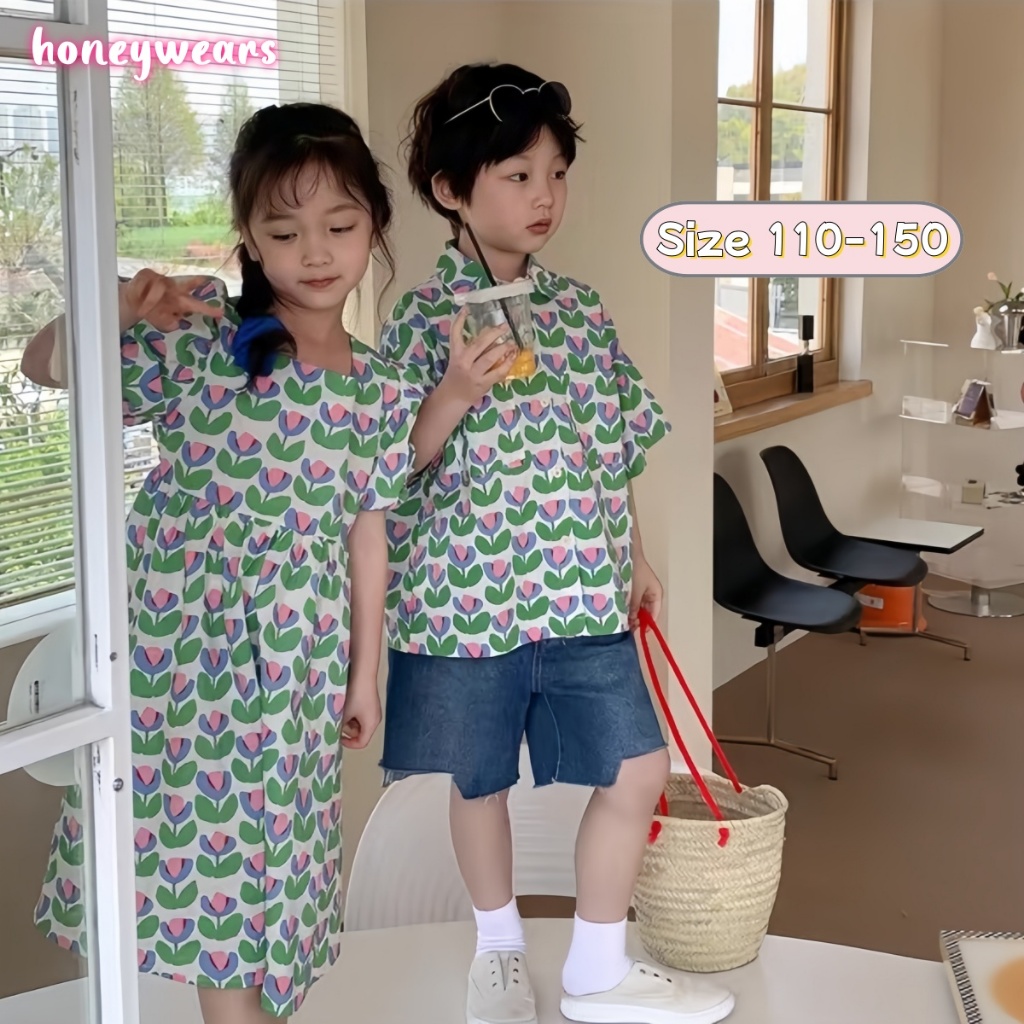 honeywears พร้อมส่ง ชุดเด็กฤดูร้อนน่ารัก สไตล์เกาหลีใหม่ สำหรับเด็กพี่น้อง เสื้อเชิ้ตแขนสั้น กระโปรงเจ้าหญิงดอกไม้ ไซส์ 110-150