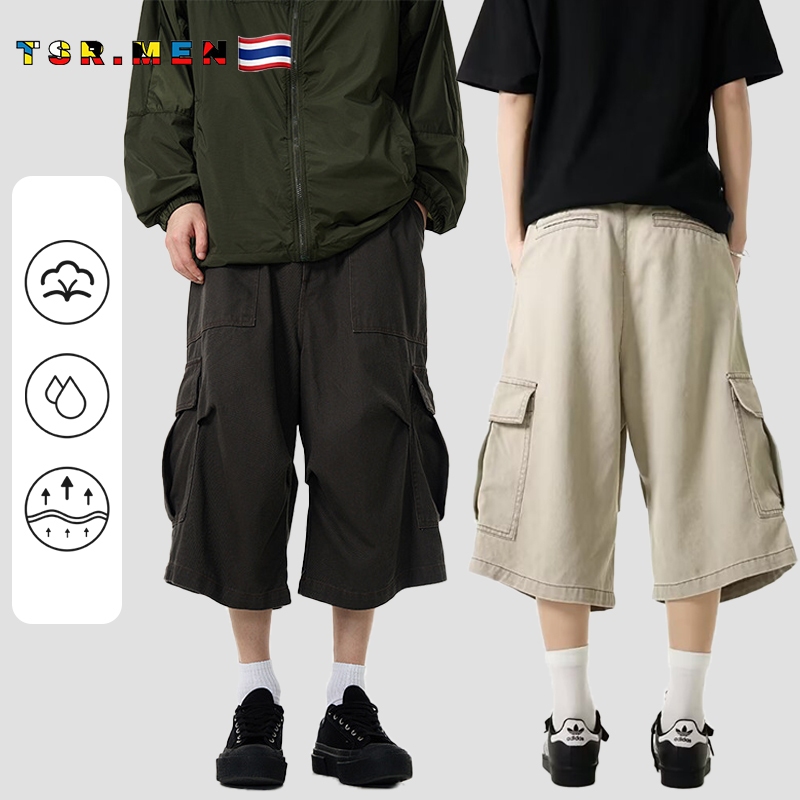 TSR.Men กางเกงขาสั้นผู้ชาย เอวกลาง แบบกระดุม กางเกง 7 ส่วน ทรงหลวม ใส่สบาย สไตล์อเมริกันสตรีท เทรนด์ใหม่