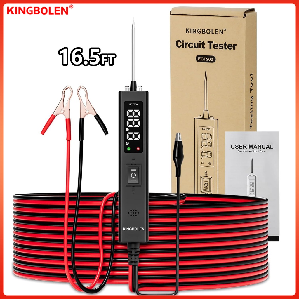 Kingbolen ECT200 12V 24V เครื่องทดสอบแรงดันไฟฟ้ารถยนต์, เปิดใช้งานส่วนประกอบ, ทดสอบความต่อเนื่อง, เครื่องทดสอบแสงรถพ่วง, ตัวค้นหาวงจรสั้น, สายเคเบิล 16.5FT