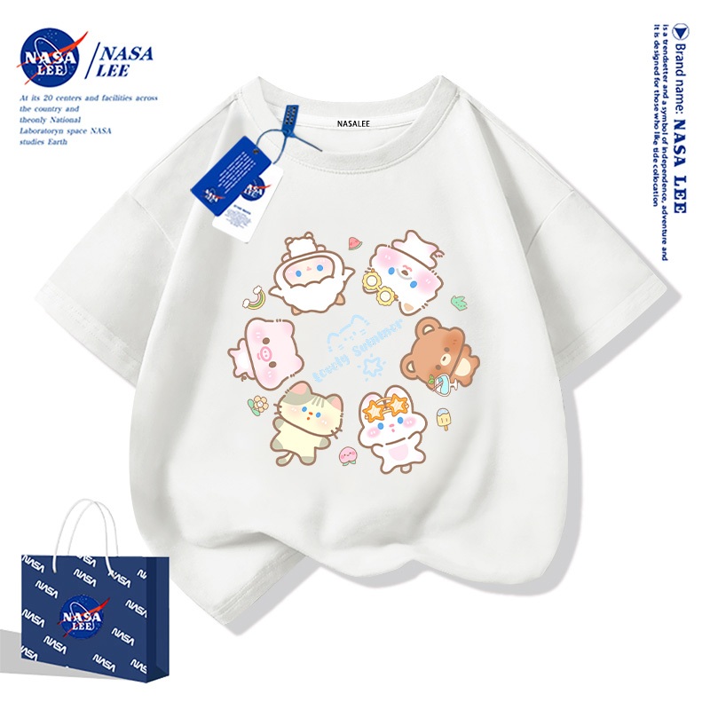 NASA เสื้อยืดเด็กสไตล์อเมริกัน 2025 ผ้าฝ้าย 100% แขนสั้น ลายเทวดาน้อย สำหรับหน้าร้อน