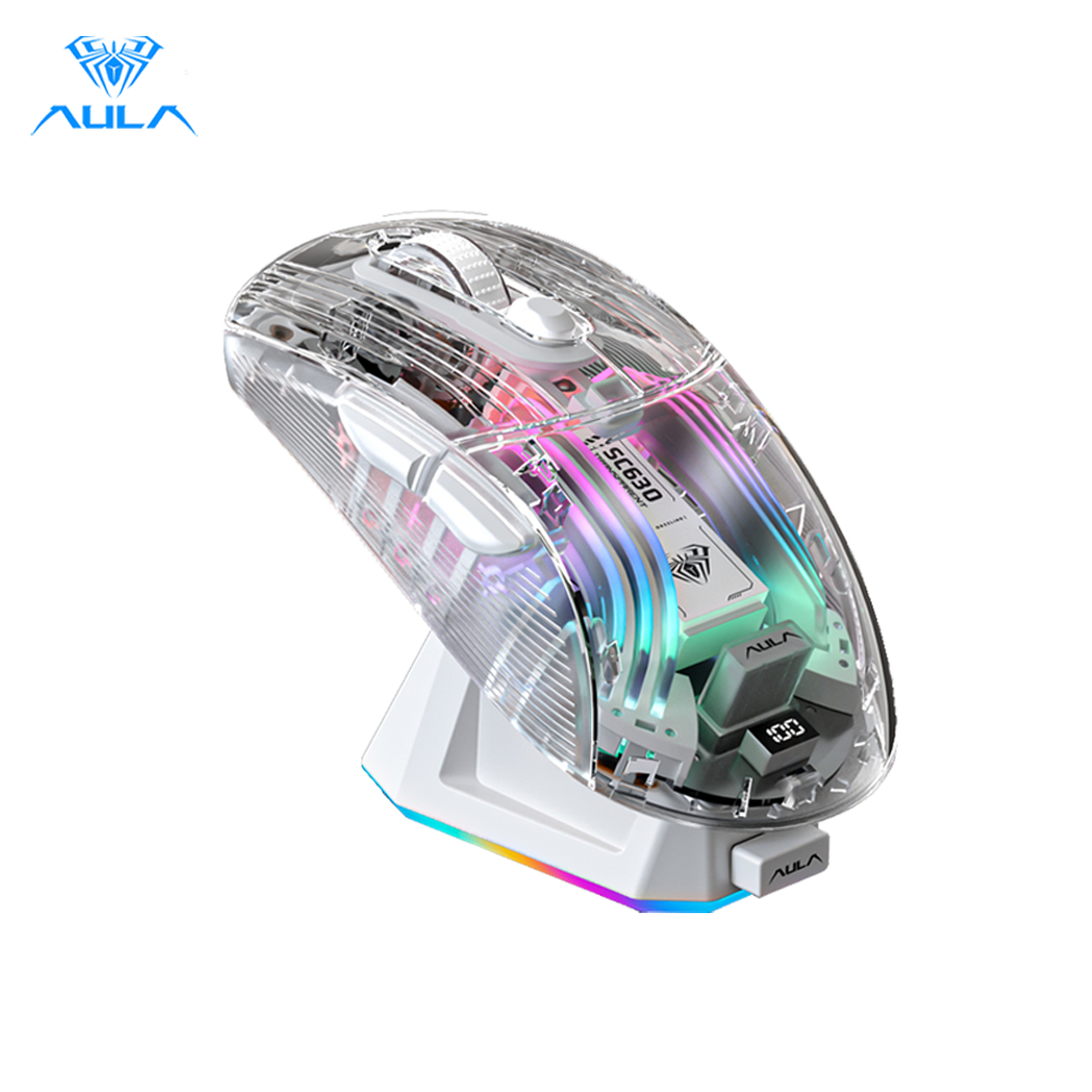 Aula SC630 เมาส์โปร่งใส Tri mode Luminous RGB ที่นั่งแม่เหล็กชาร์จ DPI1000-4000 เมาส์สําหรับเล่นเกม