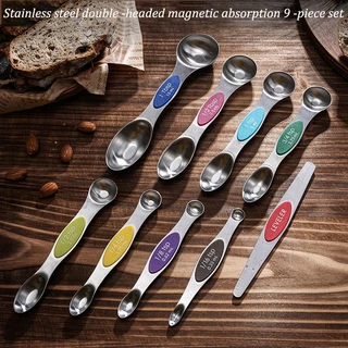 Cocious 9 Pieces Magnetic Measuring Spoons Set 9ชิ้นช้อนตวงแม่เหล็กชุดสแตนเลสสองด้านวางซ้อนกันได้ช้อนชาสําหรับห้องครัวทําอาหารเครื่องมืออบสนิมหลักฐานแข็งแรง