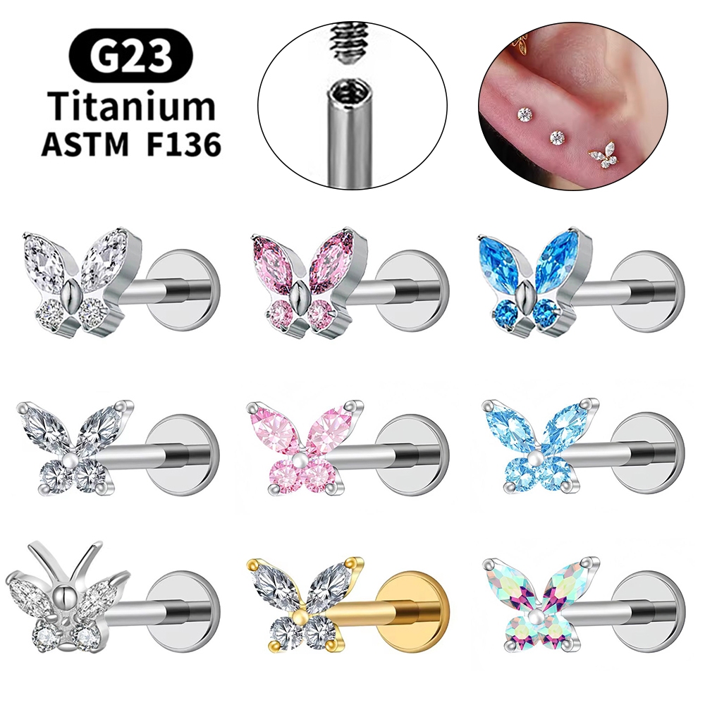 1 PC 6/8/10 มม.16G/18G G23 ไทเทเนียมเหล็กผีเสื้อกระดูกอ่อนต่างหูหูสตั๊ด Lip เจาะ Conch Helix เจาะ