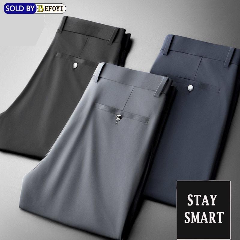 ซีอีโอ ผู้ชายอย่างเป็นทางการกางเกงกางเกงหลวมความยืดหยุ่นธุรกิจสีดํายาวตรงเอวสูงกางเกงลําลองขนาดบวกกางเกงทรงหลวม