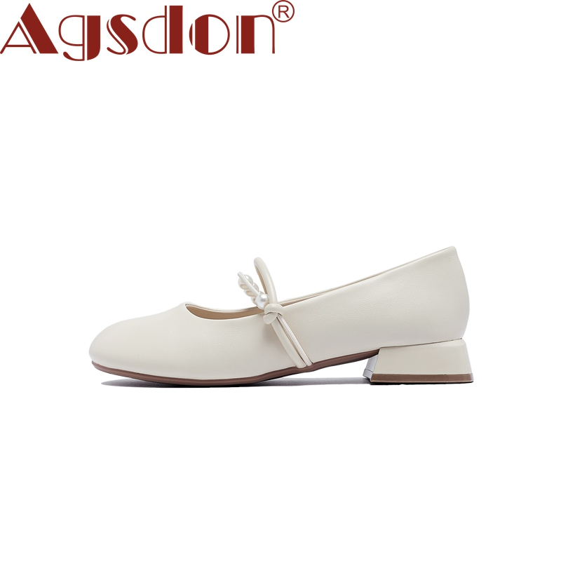 Agsdon Block Heel Shoes Ladies Summer Mary Jane Shoes Low Heel French Pearl