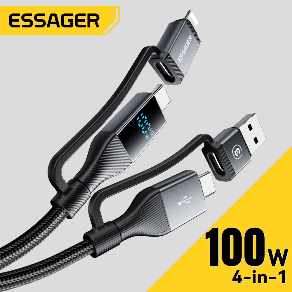 Essager 100W 4 IN 1 สายชาร์จเร็ว PD 27W Type C 100W สายเคเบิลข้อมูลมัลติฟังก์ชั่นสําหรับ iP Android