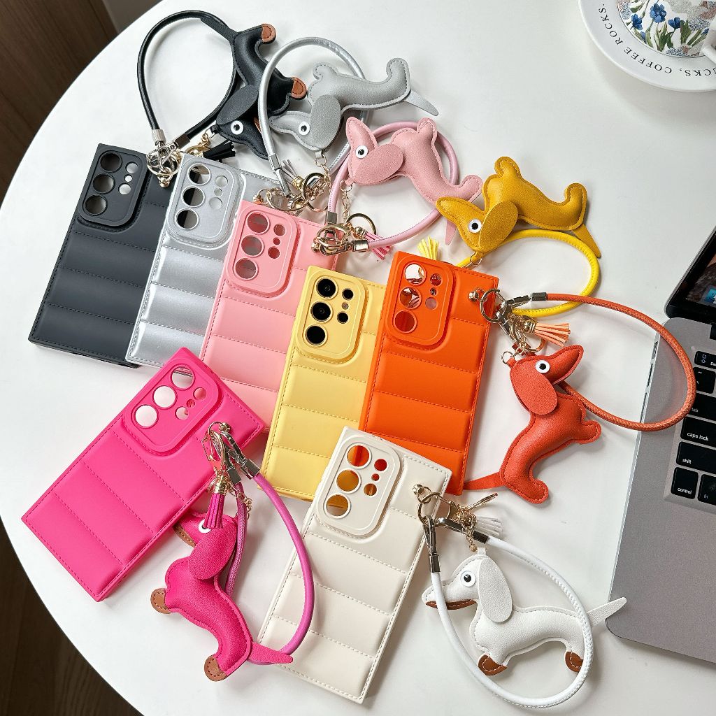 สีทึบ แจ็คเก็ตลง แฟชั่น ดัชชุนด์ สายคล้องคอ เคส Samsung Galaxy S25 Ultra S24FE S24Ultra S23Ultra S23FE S22Ultra S22 S23 S24 S25 Plus + ป้องกันการหล่น TPU นุ่ม คู่รัก ซิลิโคนเหลว เคส