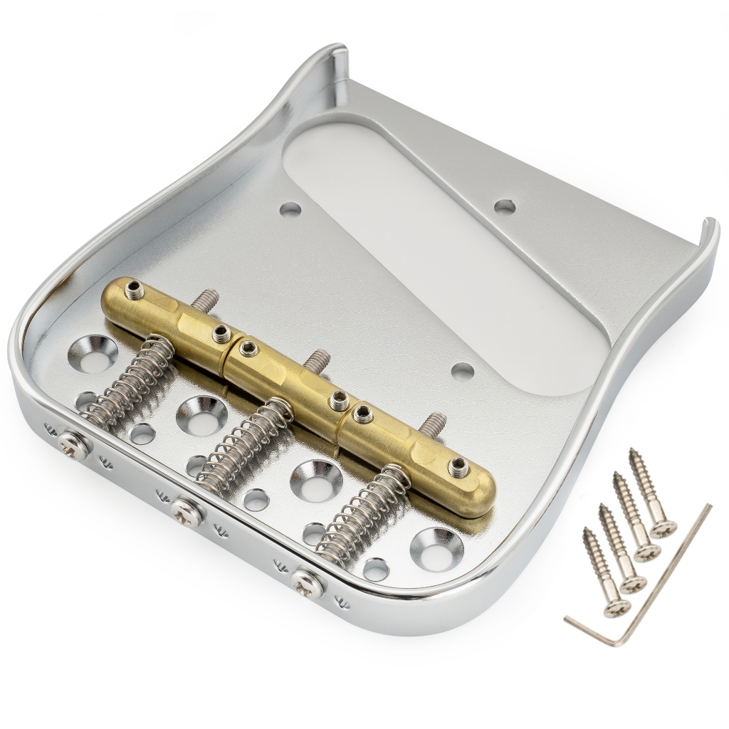 Musiclily Ultra 54 มม. (2-1/8 นิ้ว) String Spacing แผ่นทองเหลืองแข็งเต็มรูปแบบพร้อมการจับคู่ 3-Saddle โค้ง Tele สไตล์กีตาร์สะพาน, Chrome