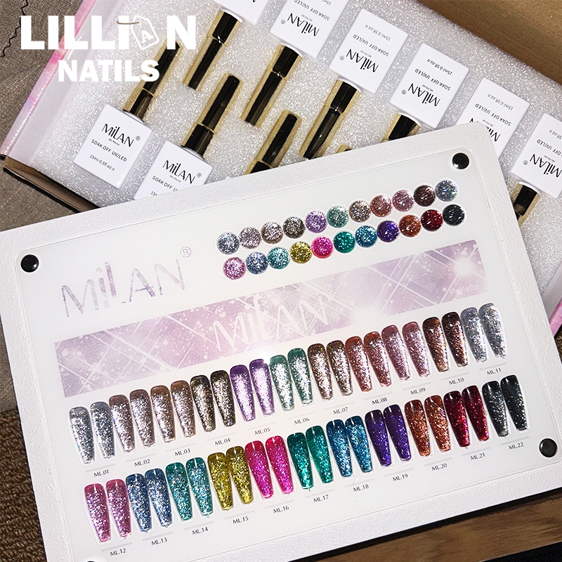 【พร้อมส่งในไทย 】Milan 22สี  สีเจลกากเพชรวิ้งแน่น สีแฟลชสีเจล แพลตติมันแฟลช+ประกายออโรร่า  สีเล็บเจล