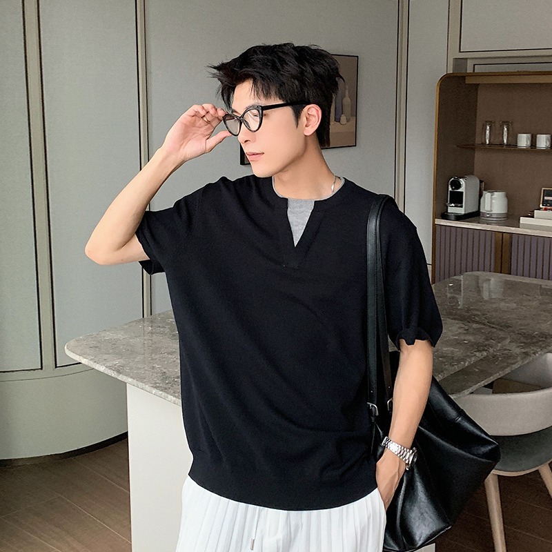 2025 ฤดูร้อนแขนสั้นเสื้อยืดผู้ชาย Street สวมใส่ High-End Feeling หล่อปลอมสองชิ้นเสื้อยืดผู้ชาย m-2xl