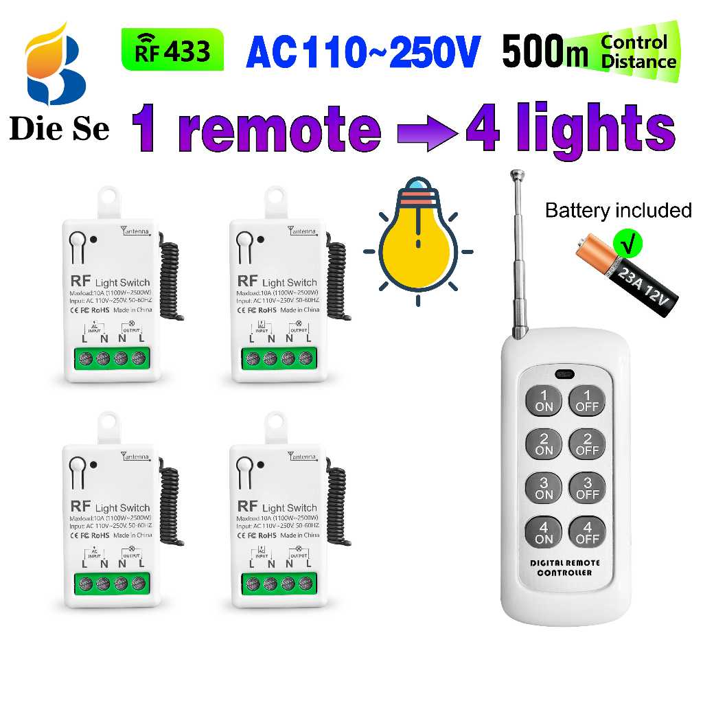 สวิตช์ควบคุมระยะไกลไร้สาย RF 4 ช่อง 433Mhz รีเลย์ AC 110V 220V 10A แผงสวิตช์ 1 2 3 แก๊งสำหรับไฟ พัดลม โคมไฟ