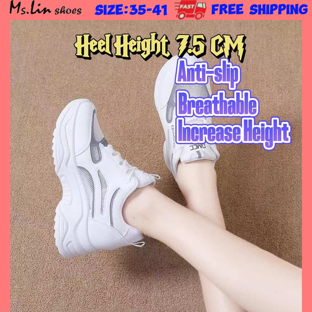 [Ms.LIN] รองเท้าผ้าใบระบายอากาศเพิ่มความสูงด้านในพื้นหนาขนาด 7.5 ซม. รองเท้ากีฬาผู้หญิง
