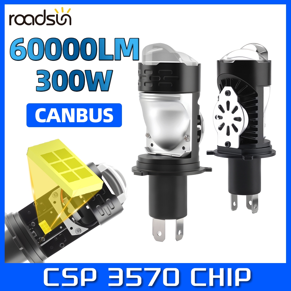 Roadsun 2pcs H4 LED ไฟหน้ารถหลอดไฟโปรเจคเตอร์เลนส์ 9003 HB2 300W 60000LM 6000K Bright Hi-Lo Beam Turbo หมอก 12-24V CSP ชิป All-In-One ออกแบบกับพัดลม Canbus ไม่มีข้อผิดพลาดกันน้ํา
