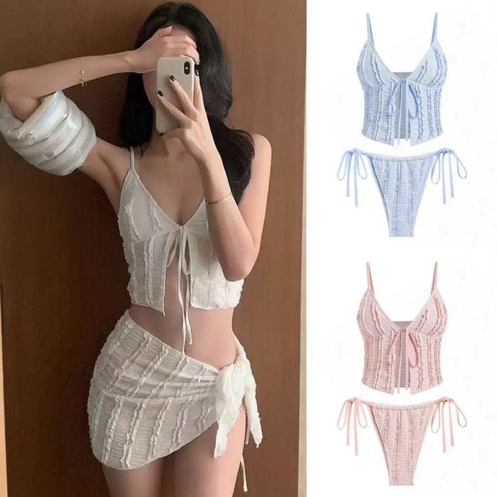 ✨บิกินี่ 3 ชิ้น ชุดว่ายน้ำแฟชั่น จีบ แบบใหม่ ชุดว่ายน้ำผู้หญิง