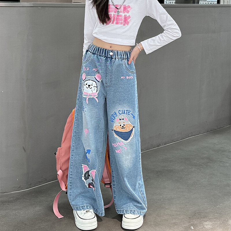 7-14ปี ยีนส์เด็ก กางเกงเด็กผู้หญิง ขายาวเอวยางยืด ลายการ์ตูน แฟชั่นฤดูร้อน เกาหลี sweet cute 【จัดส่งจากประเทศไทย】 - รูปที่ 3