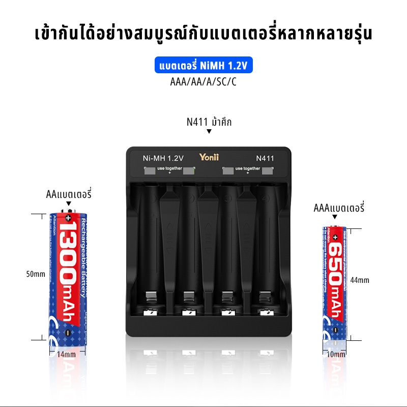 Yonii N411 4 พอร์ตคุณภาพสูง AA/AAA NiMH เครื่องชาร์จแบตเตอรี่ 1.2V AA 1300mAh/ AAA 650mAh เครื่องชาร์จแบตเตอรี่แบบชาร์จไฟได้ (1.5V ทางเลือก)
