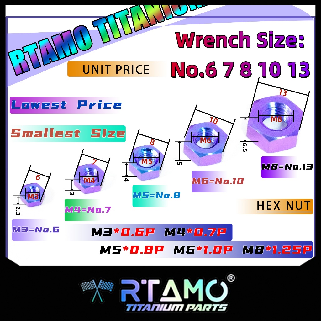 RTAMO Titanium Gr5 Hex Nut M3 M4 M5 M6 M8 Flange Nut เบรค Lever Nut Sprocket Nut