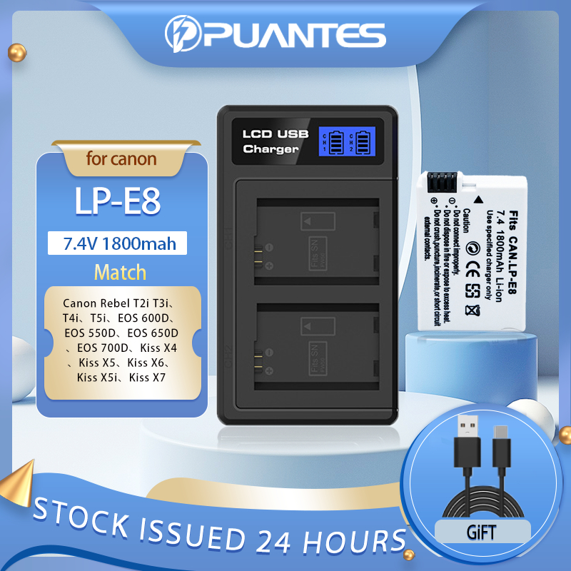 Puantes LP-E8/E8 แบตเตอรี่กล้อง + เครื่องชาร์จ USB LCD 2 ช่องสําหรับ Canon Canon EOS 550D / EOS 600D