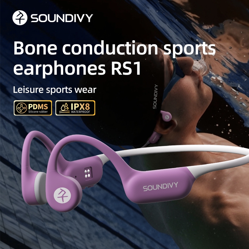 Soundivy -RS1 -IPX8 หูฟังว่ายน้ําการนํากระดูกกันน้ําซิลิโคนเหลว 32G หน่วยความจําโยคะ/ว่ายน้ํา/ขี่จักรยาน/หูฟังกีฬาฟิตเนสพร้อมไมโครโฟน