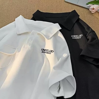 ProMan-แขนสั้นคอปกหนักสำหรับผู้ชาย เสื้อโปโล พิมพ์ลาย กระเป๋า ลำลอง แมทช์ลุคง่าย