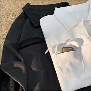 ProMan-แขนสั้นคอปกหนักสำหรับผู้ชาย เสื้อโปโล พิมพ์ลาย กระเป๋า ลำลอง แมทช์ลุคง่าย