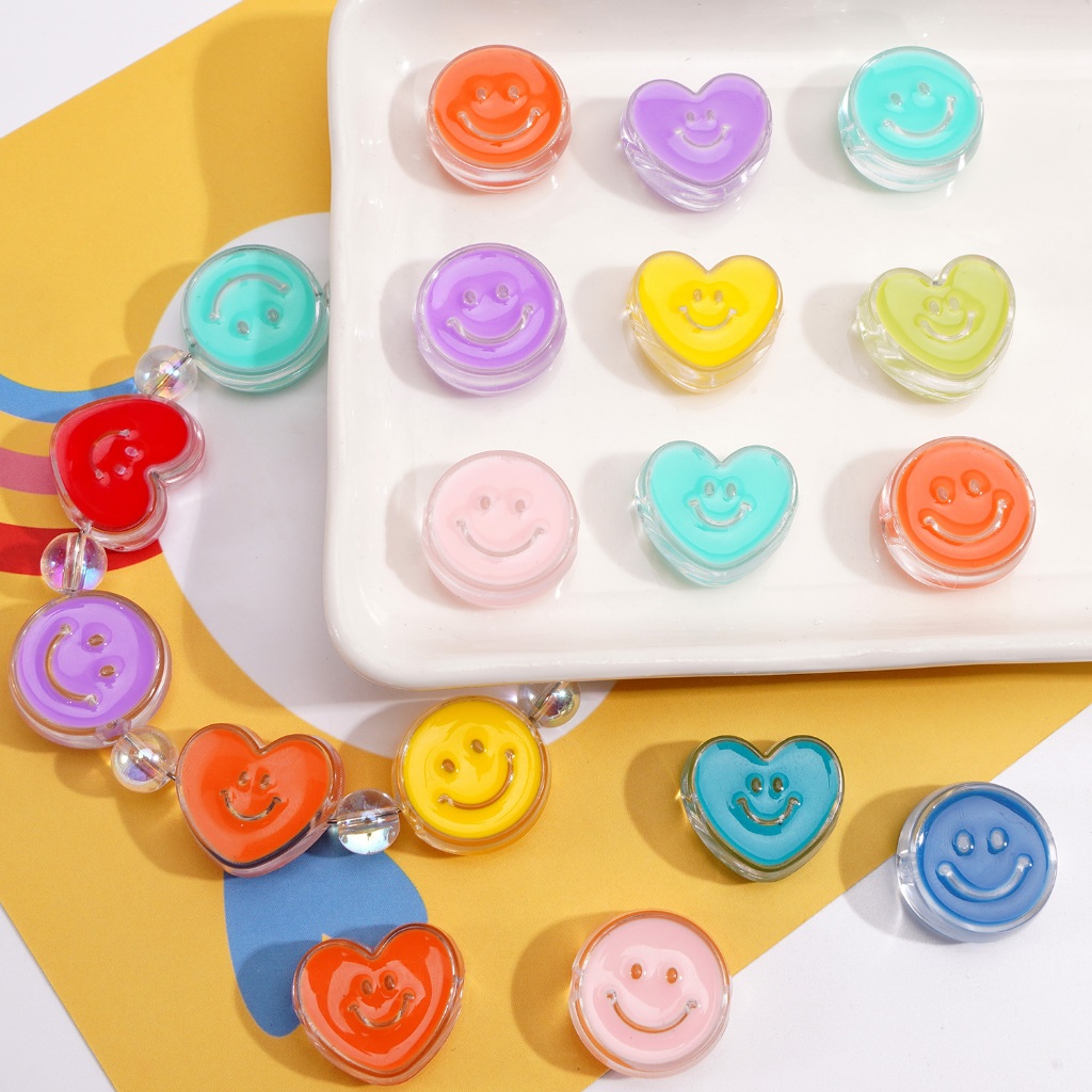 10ชิ้นหน้ายิ้มหัวใจรักลูกปัดรอบลูกปัดขนาดใหญ่ ทําเอง ลูกปัดทําสร้อยข้อมือแขวนโซ่อุปกรณ์เสริม