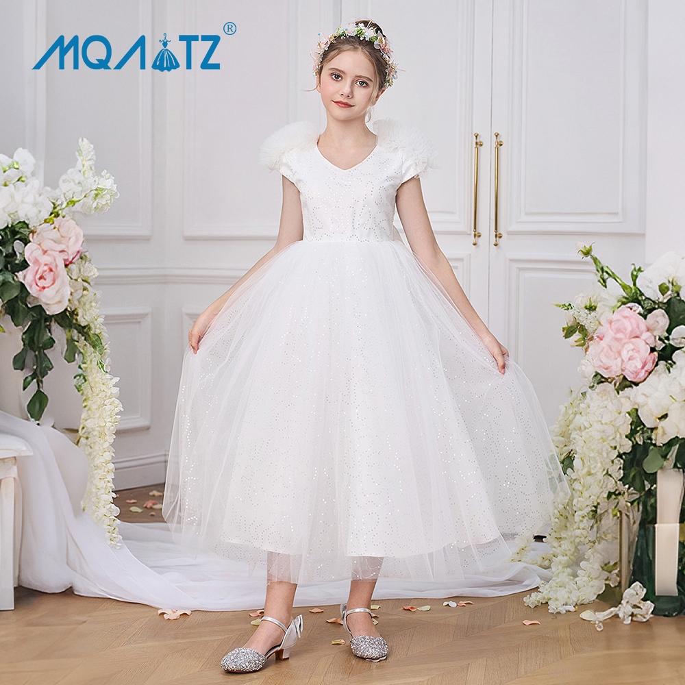 Mqatz โบว์ใหญ่เพื่อนเจ้าสาวสาวชุดสําหรับเด็กเสื้อผ้าชุดเจ้าหญิงสีขาวหรูหราพรหมพรรคชุด12 14ปี ห้างหุ้