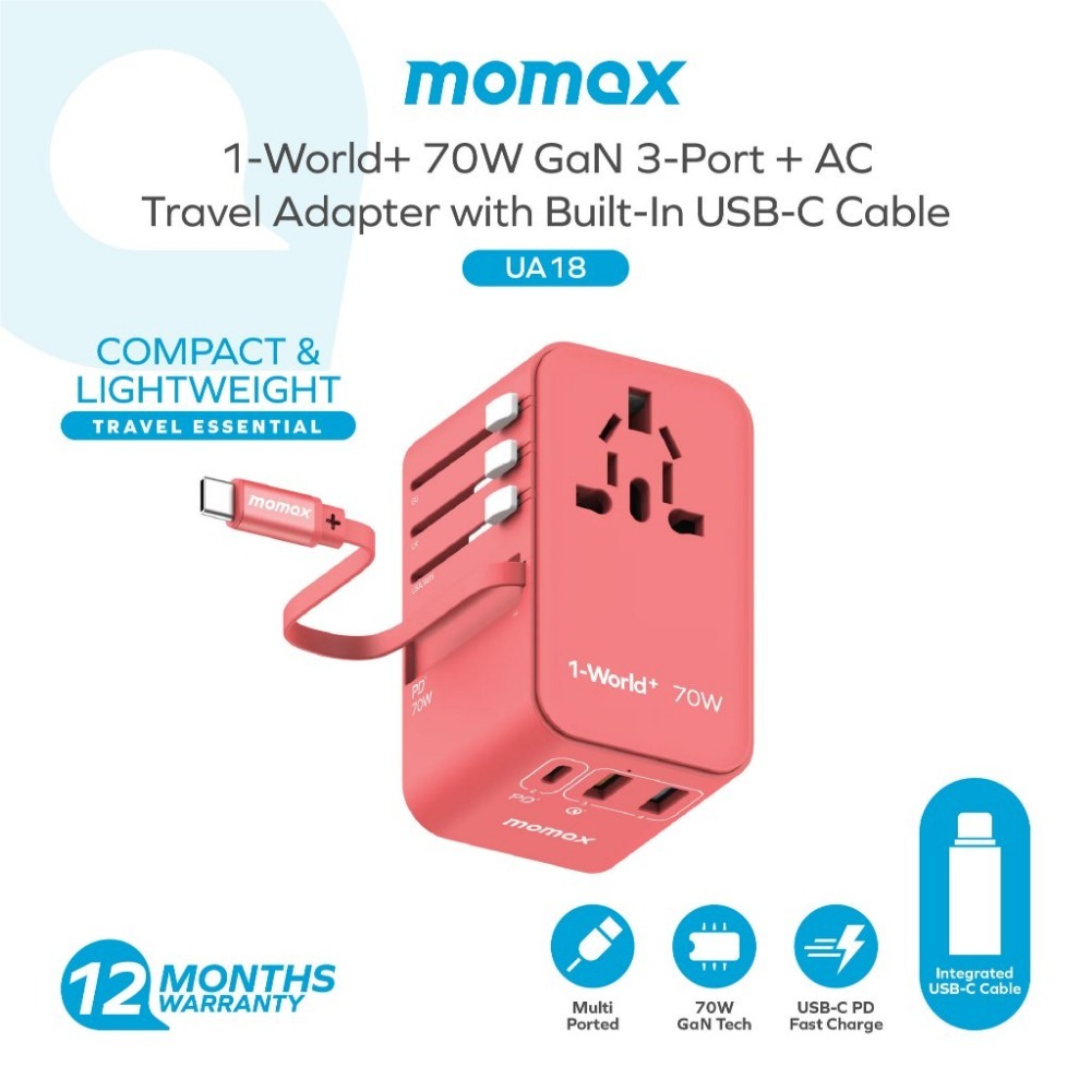 Momax UA18 I-World+ 70W GaN 3-Port + AC Travel Adapter / Built-in USB-C Cable Charger Fast Charger P