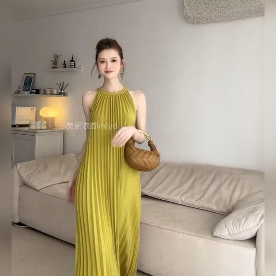 สไตล์เกาหลีผู้หญิงสุภาพสตรีหลวม Chffion ฤดูร้อนแขนกุดจีบ Maxi ชุดเดรสยาวพร้อมสต็อกใหม่