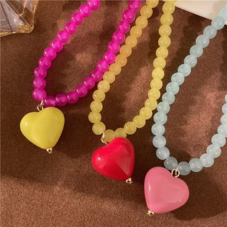 หวาน โดปามีน สร้อยคอจี้หัวใจที่มีสีสันผู้หญิงฤดูร้อนตกแต่งของขวัญสร้อยคอโซ่กระดูกไหปลาร้า