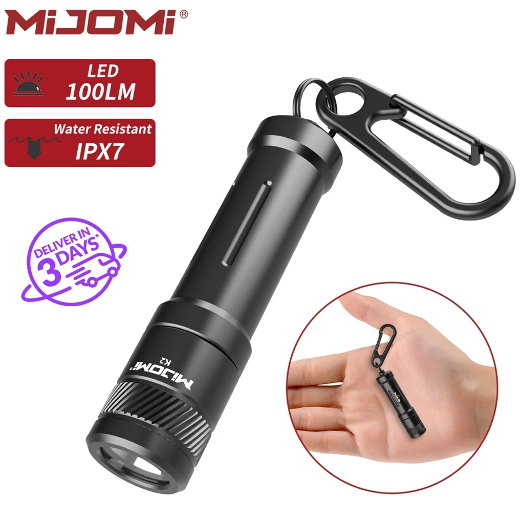 Mijomi K2 มินิพวงกุญแจไฟฉาย 100Lumens Samsung LED AAA แบตเตอรี่ IPX7 กันน้ําแบบพกพาไฟฉาย LED น้ําหนักเบา Key Light ดีสําหรับ EDC, เดินป่า, Camping Christmas gift