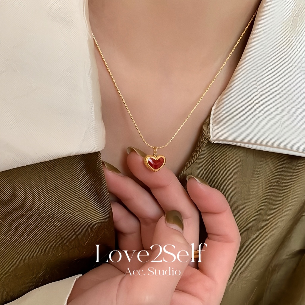 Love2Self X167 วินเทจสแตนเลสไวน์แดงหัวใจจี้สร้อยคอสําหรับผู้หญิงไม่ขัด