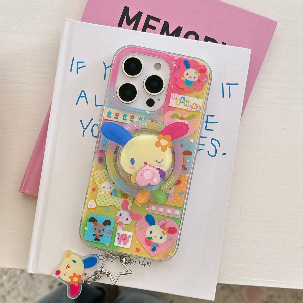 Insการ์ตูนรักกระต่ายสายรุ้งพร้อมขายึดแม่เหล็กสําหรับiPhone 17 Air, 16, 15, 14, 13, 12 Pro Maxสองชั้นกันกระแทก17Promaxปกหลังน่ารัก