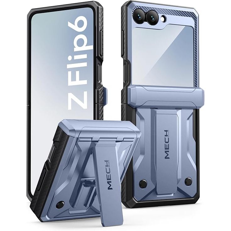 TONGATE สำหรับเคส Z Flip 6/7fe พร้อมขาตั้งและคลิปหนีบเข็มขัด [ฝาครอบป้องกันบานพับ] [ฟิล์มกันรอยในตัว] เคสโทรศัพท์กันกระแทกเกรดทหารสำหรับ Samsung Galaxy สีฟ้าน้ำแข็ง