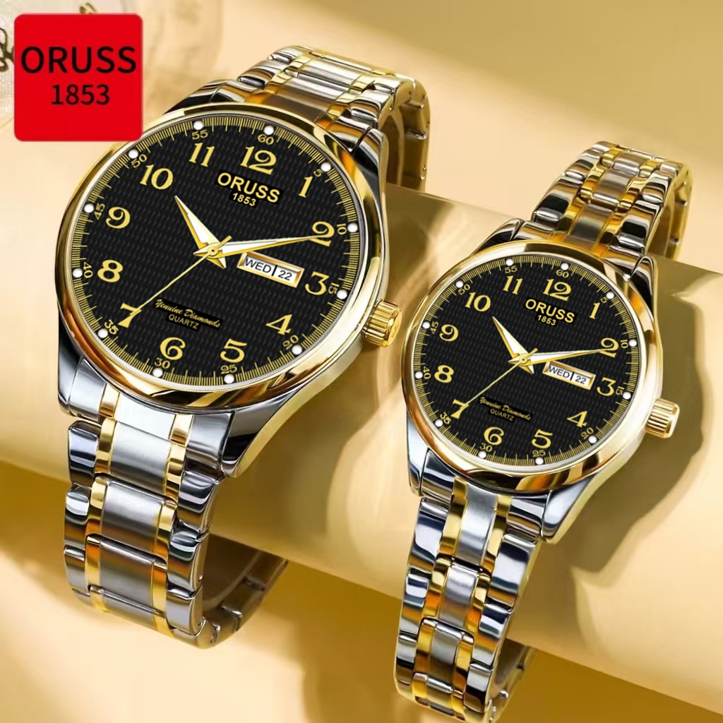 ORUSS Original 2 ชิ้นคู่ปฏิทินคู่สแตนเลสหรูหราส่องสว่างกันน้ํานาฬิกาแฟชั่นเกาหลีรุ่นนาฬิกาควอตซ์