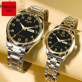[Gift][With Box]ORUSS Original 2 Pcs Couple Dual Calendar Stainless Steel Luxury Luminous Waterproof Fashion Watch Analog Korean Automatic Quartz Wrist Watch For Couples