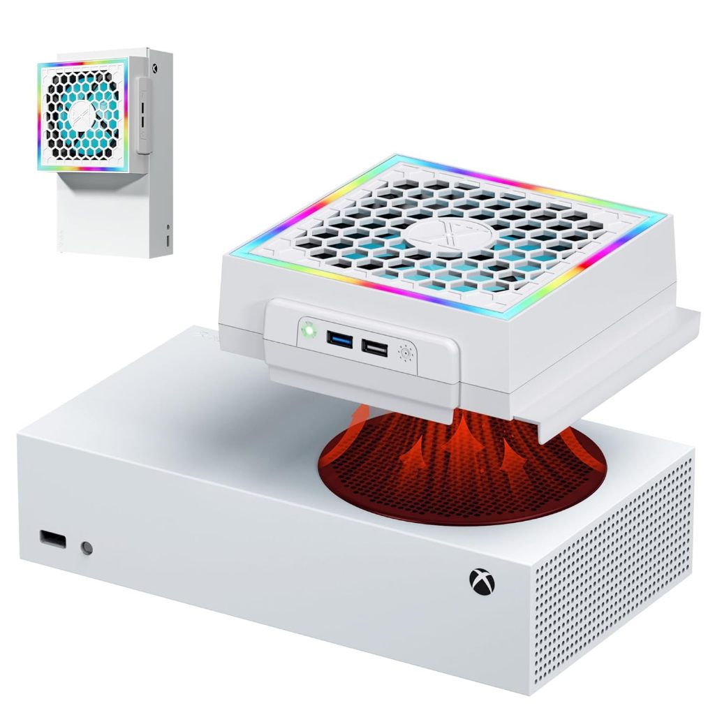 แท่นวางระบายความร้อน RGB สำหรับ Xbox Series S, พัดลมระบายความร้อน Xbox Series S พร้อมระบบปรับความเร็ว 3 ระดับ, เสียงเงียบ, พอร์ต USB เพิ่มเติม 2 พอร์ต, ไฟ LED RGB