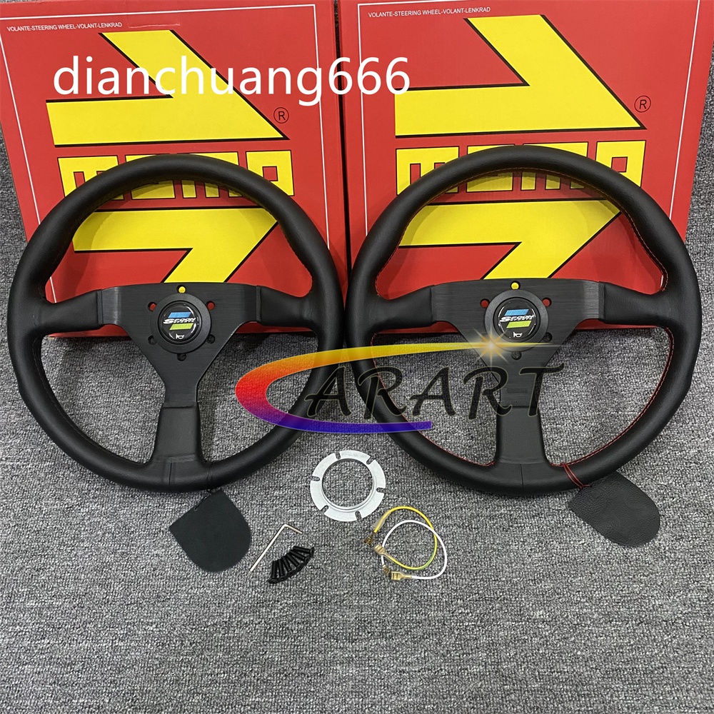 Momo พวงมาลัยรถยนต์ หนังไมโครไฟเบอร์ V2 สีดํา แดง#SPOON 14 นิ้ว