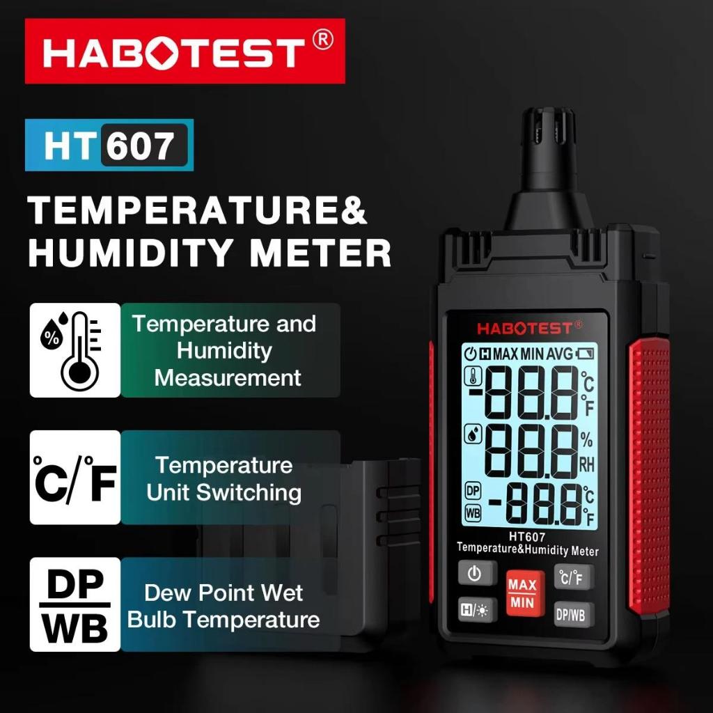 Habotest HT607 เครื่องวัดความชื้นอุณหภูมิแบบดิจิตอลเครื่องวัดความชื้นไฮโกรมิเตอร์แบบดิจิตอลความแม่นยําสูง – โปรปัง
