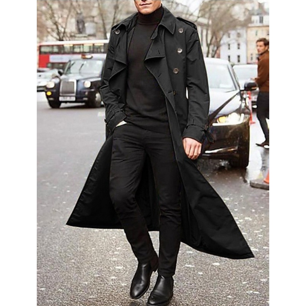 ผู้ชาย Casual Trench Coat Double Breasted ยาวฤดูหนาวแจ็คเก็ต