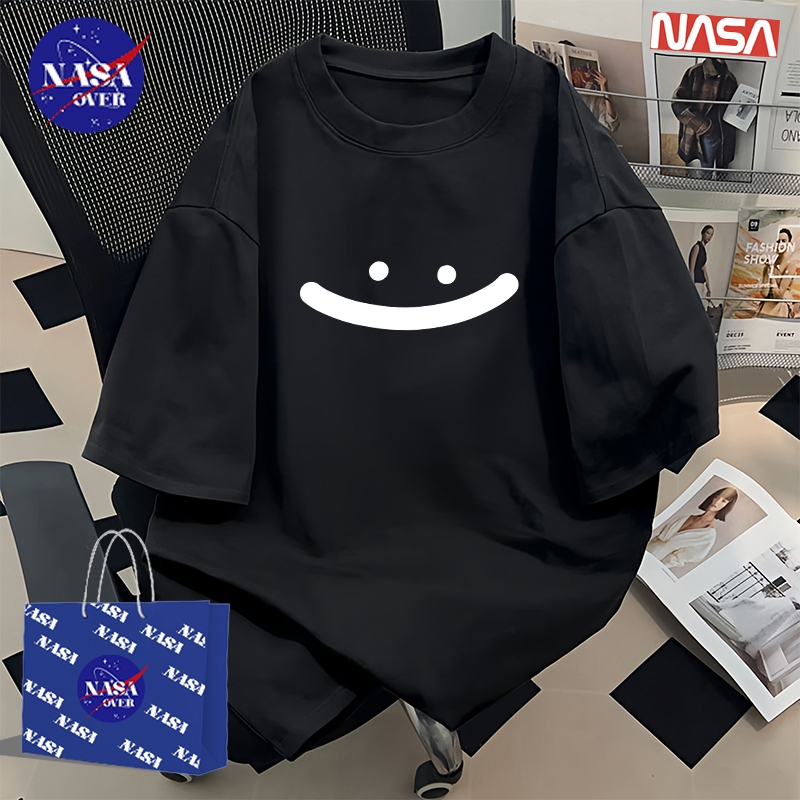 NASA✨สไตล์เกาหลีแฟชั่น✨เสื้อยืดผู้หญิงสไตล์อเมริกันโอเวอร์ไซส์พิมพ์ลายยิ้มสีขาว คอกลม แขนสั้น ผ้าฝ้าย YG4804 😊