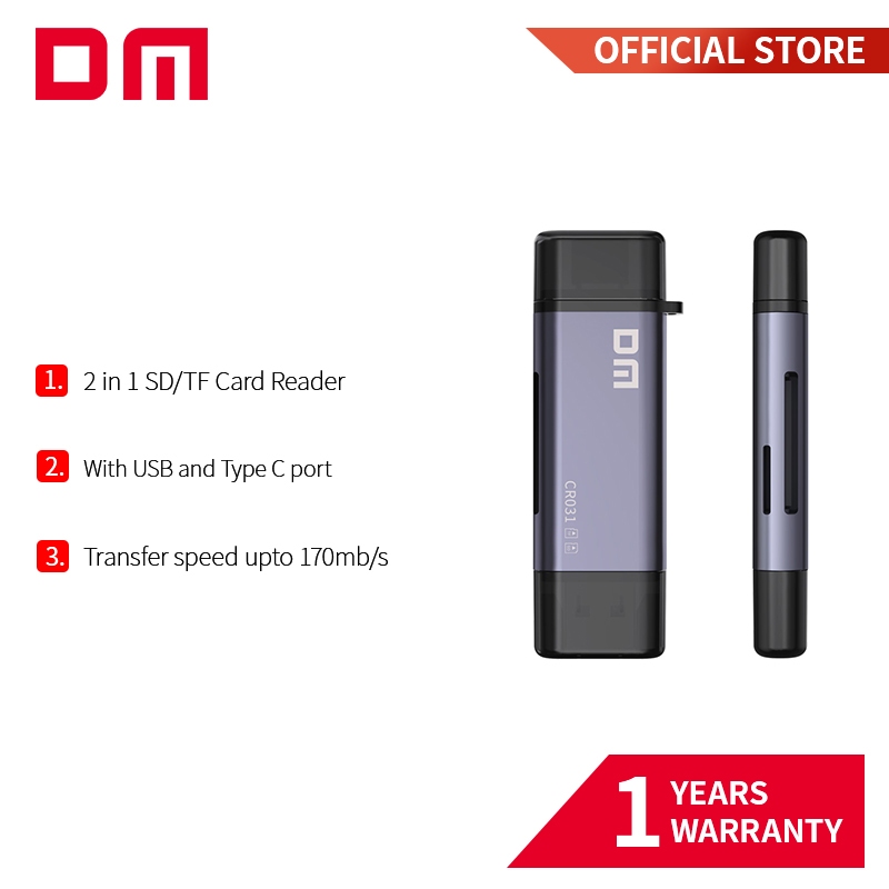 Dm CR031 USB 3.1 Gen 1 & Type-C เครื่องอ่านการ์ด Dual-Slot (SD/TF)