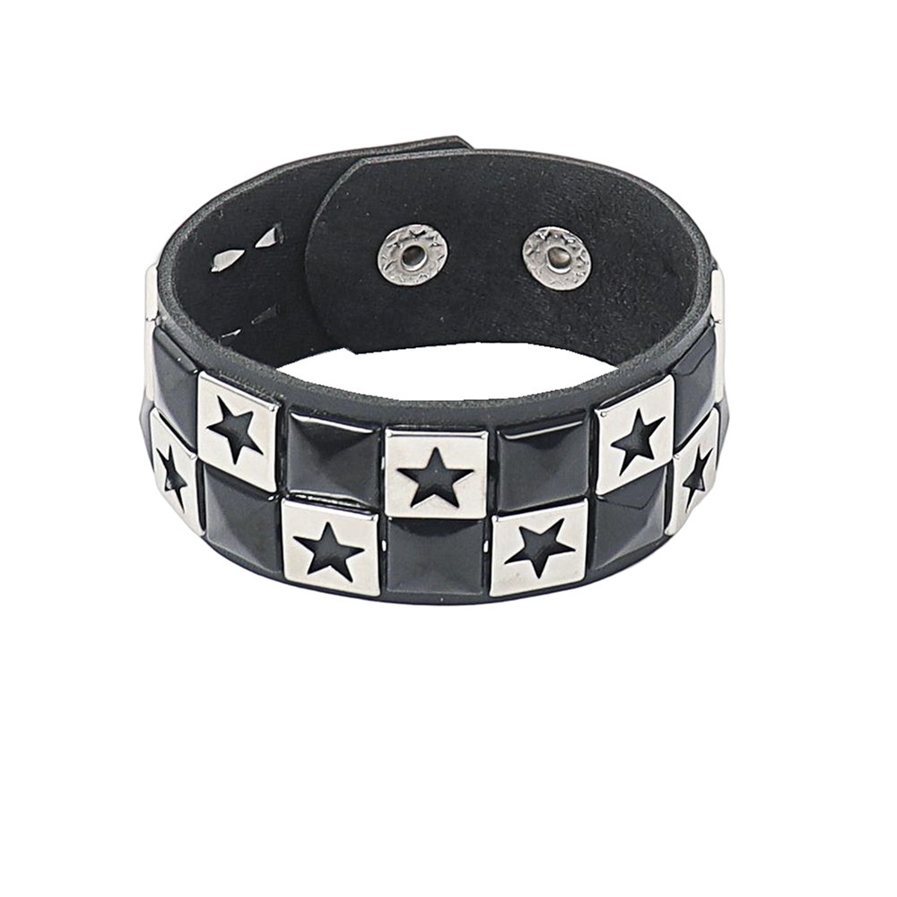 Retro Punk Gothic Harajuku Simple Individence สีดําและสีขาวคู่แถว Hollow out Star PU หนังสร้อยข้อมือสายรัดข้อมือกําไลข้อมือ