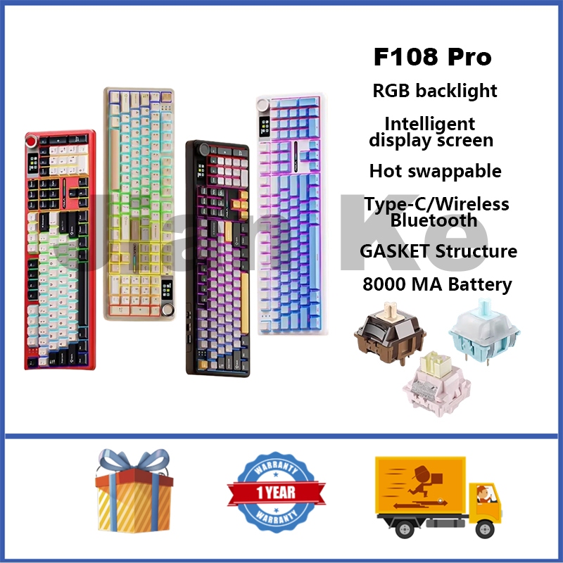 AULA F108 Pro คีย์บอร์ดไร้สาย 100% Hot swappable RGB GASKET คีย์บอร์ดเกมที่กําหนดเองพร้อมหน้าจอและลู
