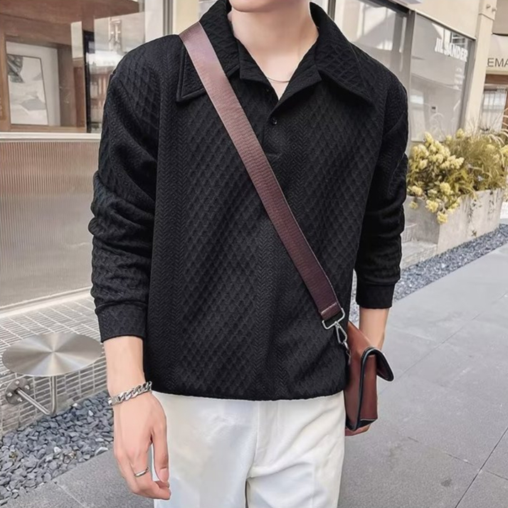 ใหม่แฟชั่นlapelเสื้อกันหนาวผู้ชายhigh street Retroรูปแบบพื้นผิวPulloverเสื้อโปโลผู้ชายภาษาฝรั่งเศสคําสีทึบTops unisexM-3XL ราคา ถูกที่สุด ดีลบีเคเค