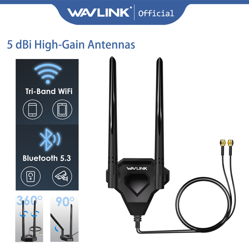 Wavlink WiFi 6E เสาอากาศต่อขยาย Tri-band, เสาอากาศ WiFi 2.4GHz + 5GHz + 6GHz พร้อมฐานแม่เหล็กและขั้ว