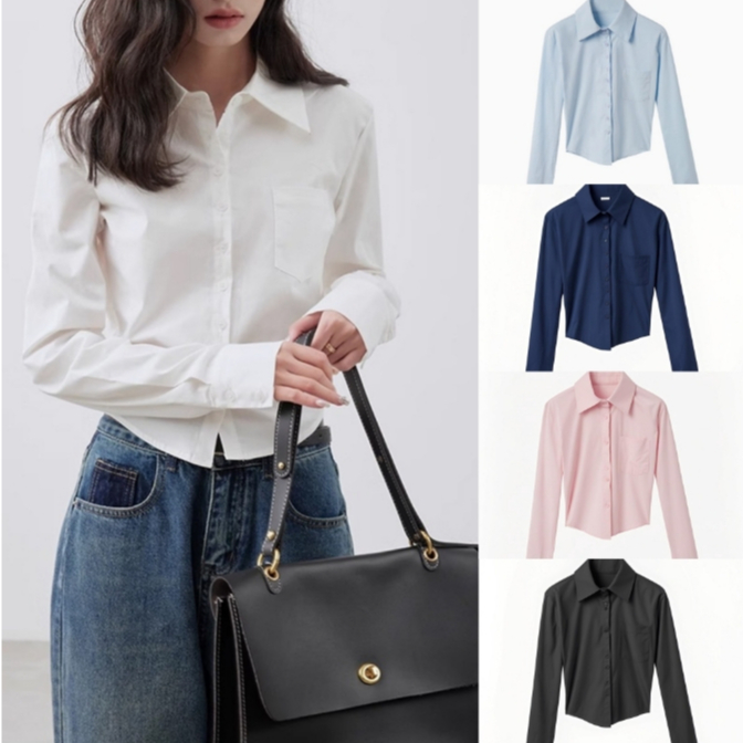 Laterme 5 สี สุภาพสตรี แขนยาว สลิมฟิต เสื้อเชิ้ตสีฟ้าลำลองสไตล์เกาหลี